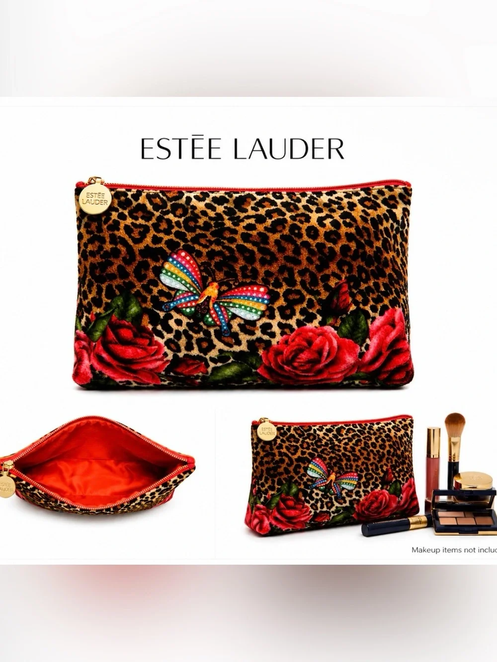 Estée Lauder Leopard Cosmetic Pouch with Red Roses & Multicolor Butterfly NWOT